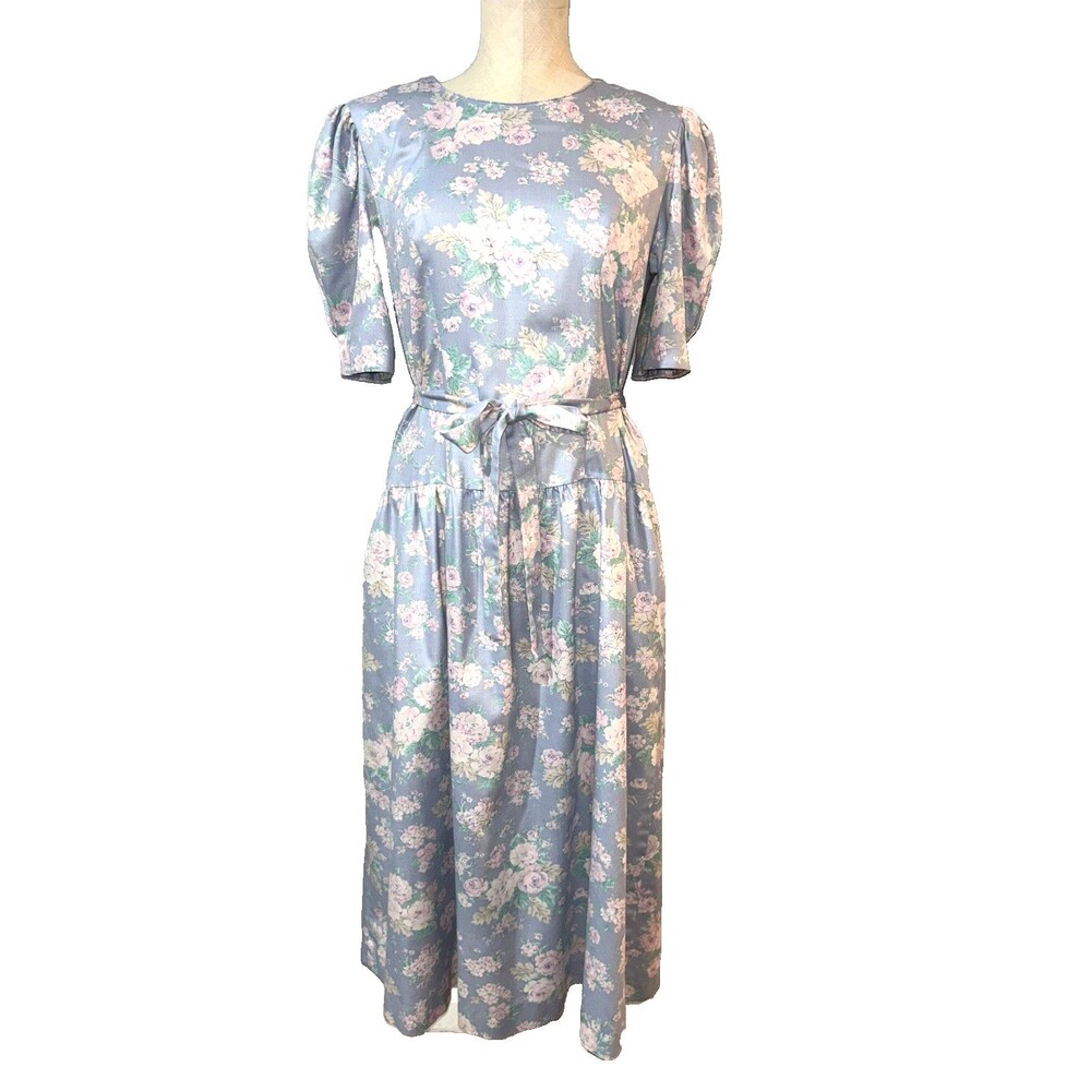 Lanz Women's Vintage Drop Waist Puff Sleeve Midi Dress size 10 Made in USA